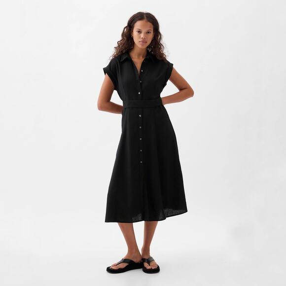 NWT‎ Gap Women’s Black Linen Blend Midi Dress Size Medium - Picture 1 of 11